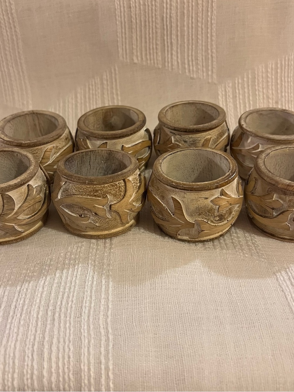 Pier 1 Carved Wooden Napkin Rings Set of 8 - whitewashed